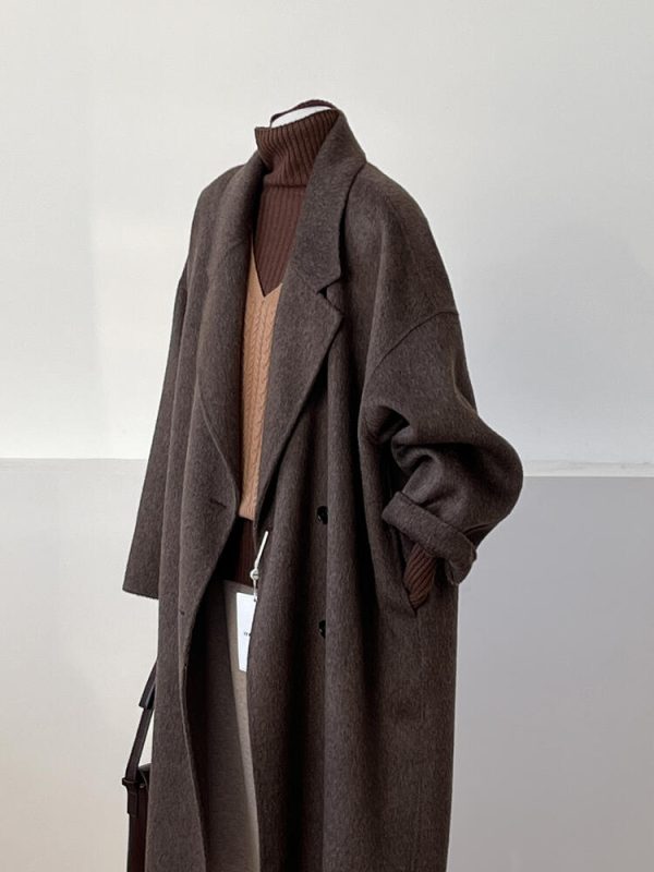 Reversible Coffee-Colored Cashmere Coat for Women - Mid-Length Korean Style Woolen Coat for Autumn/Winter 2024