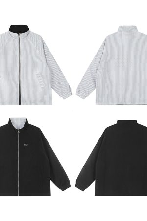 Reversible Rhinestone Striped Jacket for Men and Women - Loose Casual Couple Coat for Autumn, Versatile American Style Outerwear
