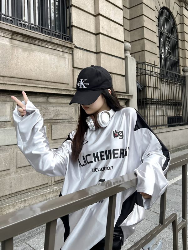 Reversible Vintage Satin Silver Sports Jersey Long Sleeve T-Shirt for Couples - Unisex Trendy 90s Style
