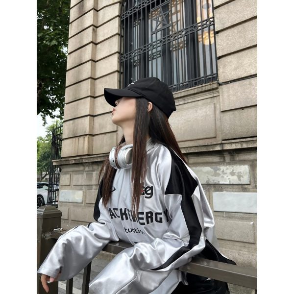 Reversible Vintage Satin Silver Sports Jersey Long Sleeve T-Shirt for Couples - Unisex Trendy 90s Style