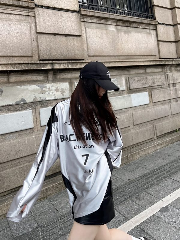 Reversible Vintage Satin Silver Sports Jersey Long Sleeve T-Shirt for Couples - Unisex Trendy 90s Style