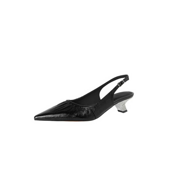 Rhinestone Chunky Heel 5CM Pointed Toe Pleated High-Heeled Sandals in Genuine Leather - Elegant Closed-Toe Design