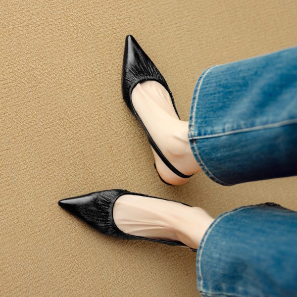 Rhinestone Chunky Heel 5CM Pointed Toe Pleated High-Heeled Sandals in Genuine Leather - Elegant Closed-Toe Design