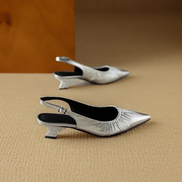 Rhinestone Chunky Heel 5CM Pointed Toe Pleated High-Heeled Sandals in Genuine Leather - Elegant Closed-Toe Design