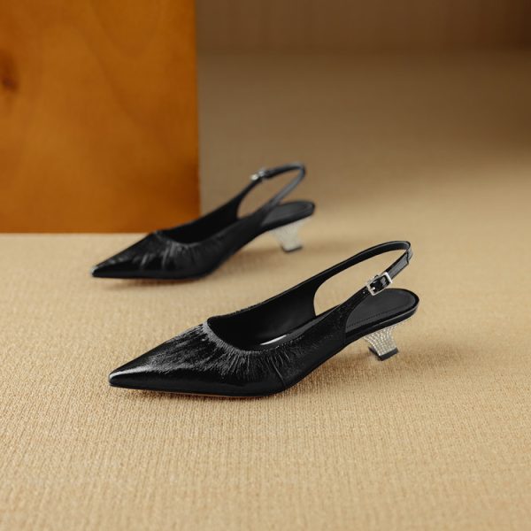 Rhinestone Chunky Heel 5CM Pointed Toe Pleated High-Heeled Sandals in Genuine Leather - Elegant Closed-Toe Design