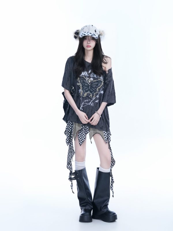 Ripped Butterfly Short Sleeve T-Shirt for Women - Off-Shoulder Spicy Girl Trendy Y2K American High Street Style