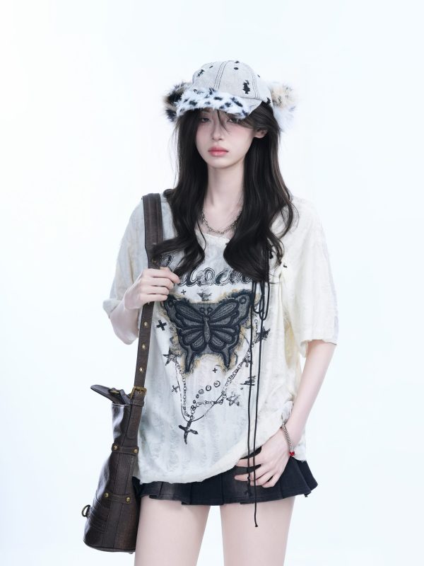 Ripped Butterfly Short Sleeve T-Shirt for Women - Off-Shoulder Spicy Girl Trendy Y2K American High Street Style