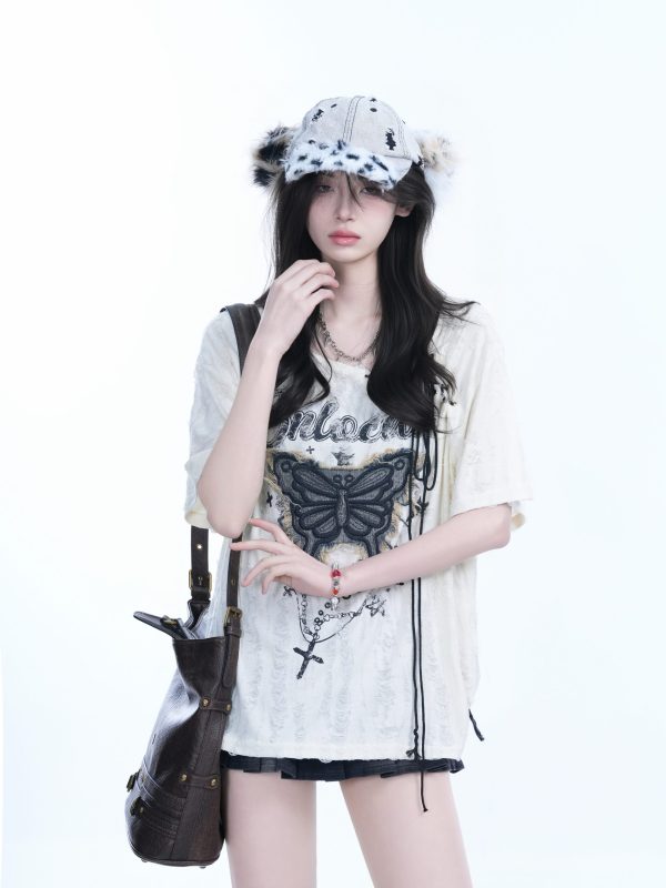 Ripped Butterfly Short Sleeve T-Shirt for Women - Off-Shoulder Spicy Girl Trendy Y2K American High Street Style