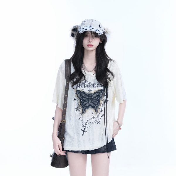 Ripped Butterfly Short Sleeve T-Shirt for Women - Off-Shoulder Spicy Girl Trendy Y2K American High Street Style
