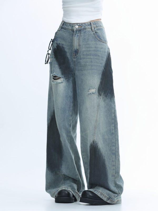 Ripped Graffiti Wide-Leg Jeans for Women - American High Street Straight Loose Floor-Length Pants