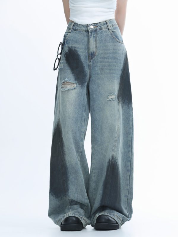 Ripped Graffiti Wide-Leg Jeans for Women - American High Street Straight Loose Floor-Length Pants