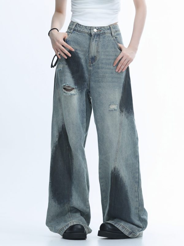 Ripped Graffiti Wide-Leg Jeans for Women - American High Street Straight Loose Floor-Length Pants