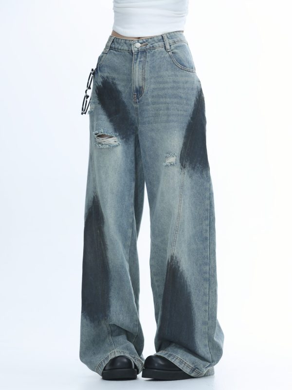 Ripped Graffiti Wide-Leg Jeans for Women - American High Street Straight Loose Floor-Length Pants