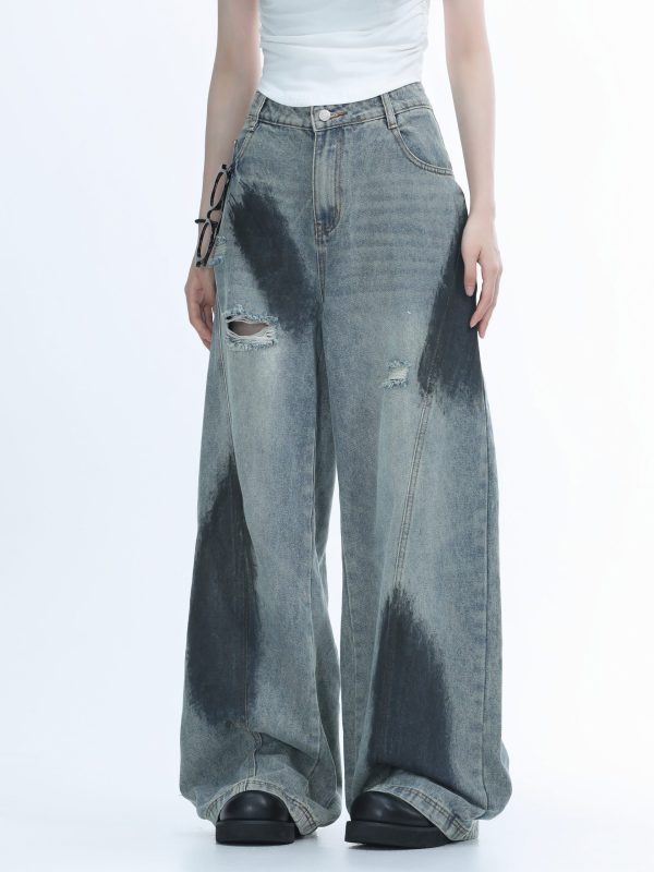 Ripped Graffiti Wide-Leg Jeans for Women - American High Street Straight Loose Floor-Length Pants