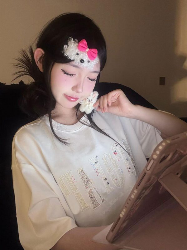 Round Neck Short Sleeve T-Shirt for Women - Heavyweight Casual Top with Letter Embroidery - Summer Loose Fit American Style
