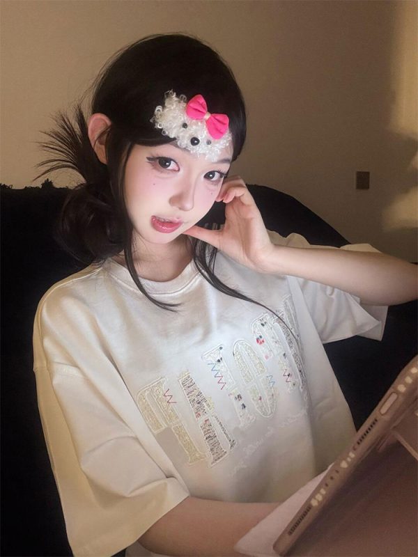 Round Neck Short Sleeve T-Shirt for Women - Heavyweight Casual Top with Letter Embroidery - Summer Loose Fit American Style