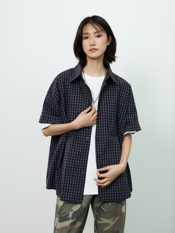 Royal Blue Check Short-Sleeve Shirt for Summer - Unisex Loose Casual Jacket in Lazy Style, Perfect for 90s and Y2K Inspired Outfits