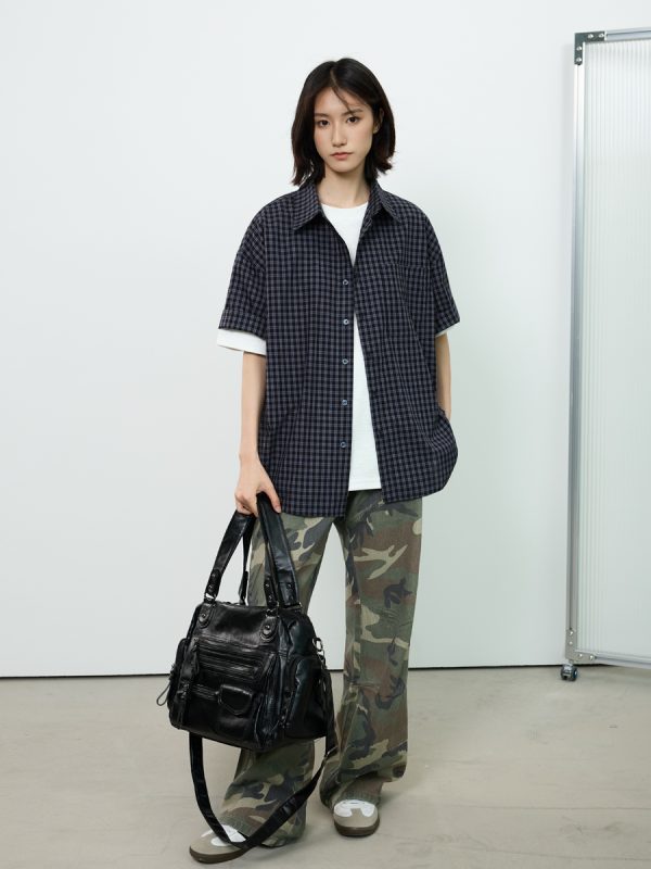 Royal Blue Check Short-Sleeve Shirt for Summer - Unisex Loose Casual Jacket in Lazy Style, Perfect for 90s and Y2K Inspired Outfits