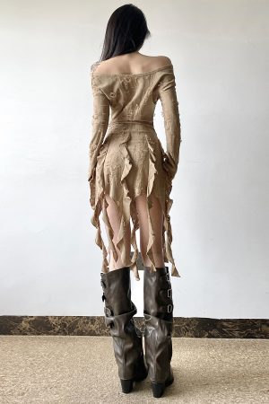 Ruffled Tassel Distressed Light Denim Off-Shoulder Mini Skirt for Women - Boho Chic Wasteland Wanderer Style