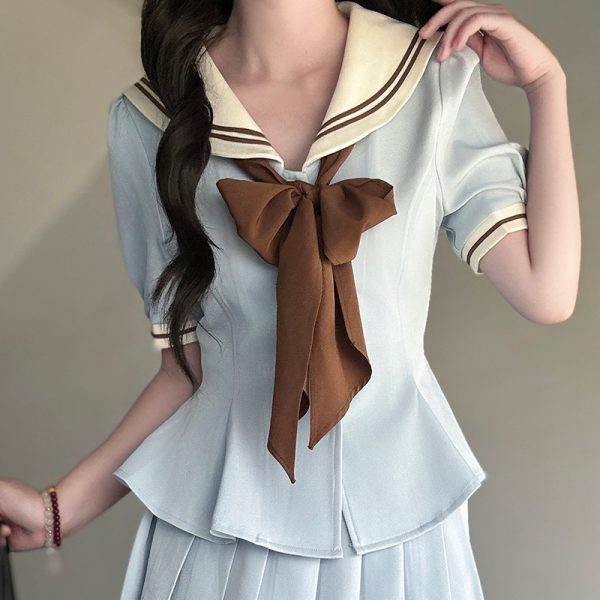 Ruffled Women's Summer JK Uniform Sailor Suit in Purple - College Style Waist-Defined Short Sleeve Set