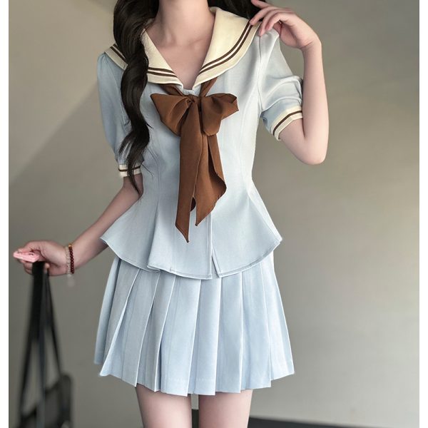 Ruffled Women's Summer JK Uniform Sailor Suit in Purple - College Style Waist-Defined Short Sleeve Set