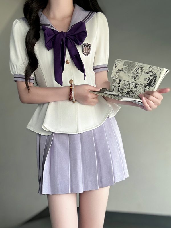 Ruffled Women's Summer JK Uniform Sailor Suit in Purple - College Style Waist-Defined Short Sleeve Set