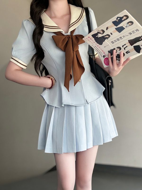 Ruffled Women's Summer JK Uniform Sailor Suit in Purple - College Style Waist-Defined Short Sleeve Set