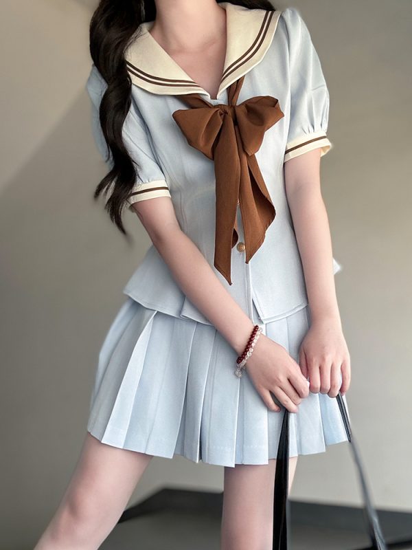 Ruffled Women's Summer JK Uniform Sailor Suit in Purple - College Style Waist-Defined Short Sleeve Set