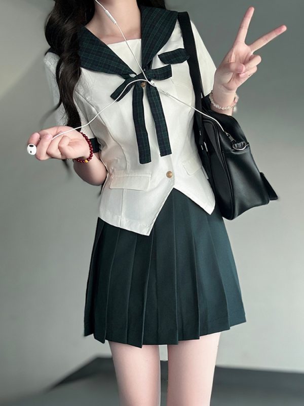 Sailor Suit JK Uniform Academy Style Pudding Bear Summer Set with Spliced Checkered Design and Waist-Defined Fit