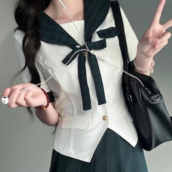 Sailor Suit JK Uniform Academy Style Pudding Bear Summer Set with Spliced Checkered Design and Waist-Defined Fit