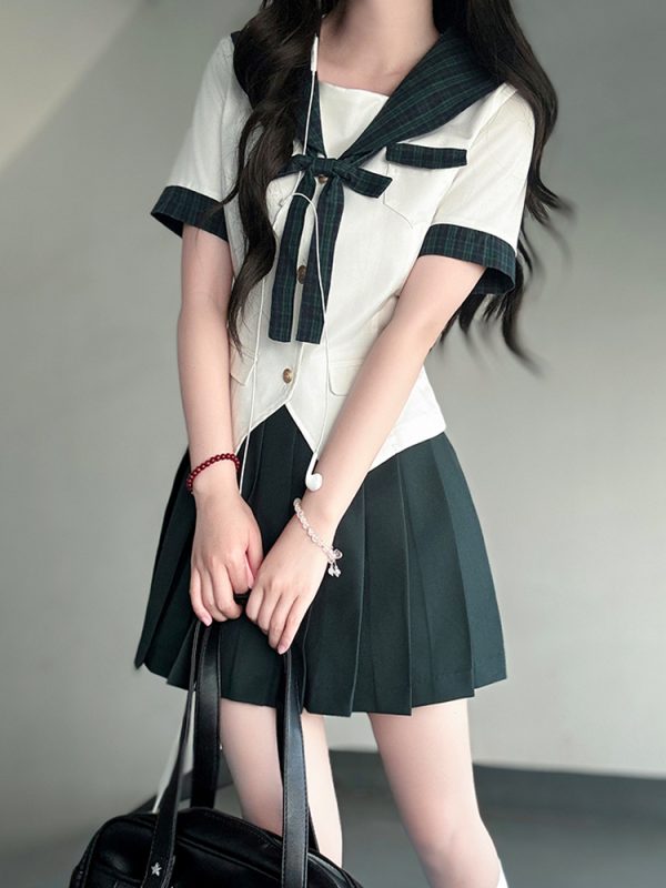 Sailor Suit JK Uniform Academy Style Pudding Bear Summer Set with Spliced Checkered Design and Waist-Defined Fit