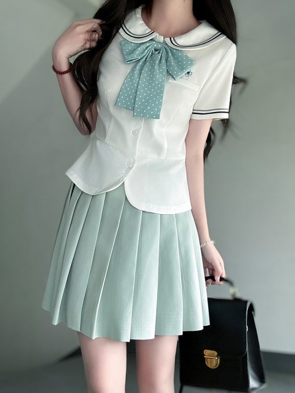 Sailor Suit Set for Women - Pudding Bear Original JK Uniform, Waist-Adjusting Shirt, Summer Short Sleeve, College Style, Cute Aesthetic