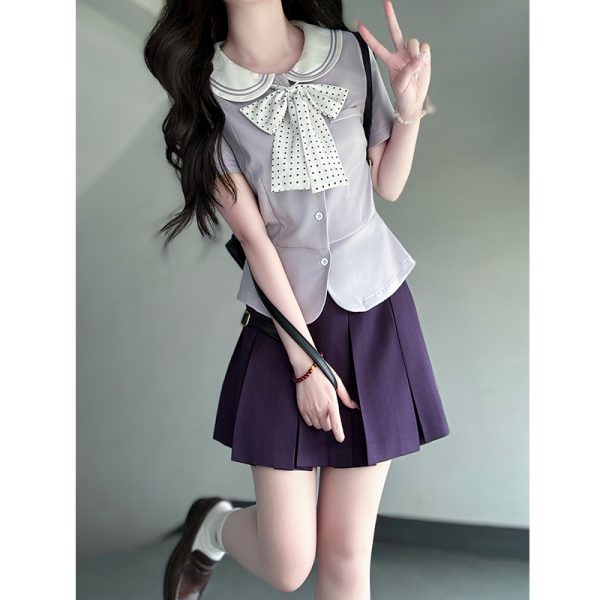 Sailor Suit Set for Women - Pudding Bear Original JK Uniform, Waist-Adjusting Shirt, Summer Short Sleeve, College Style, Cute Aesthetic