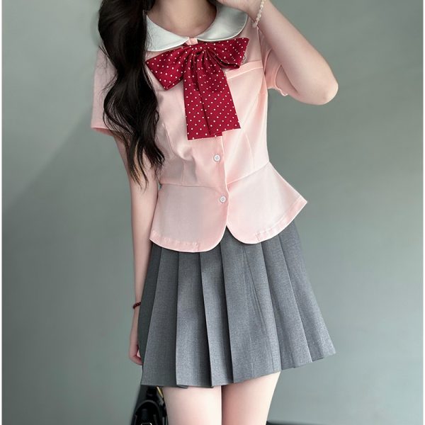 Sailor Suit Set for Women - Pudding Bear Original JK Uniform, Waist-Adjusting Shirt, Summer Short Sleeve, College Style, Cute Aesthetic