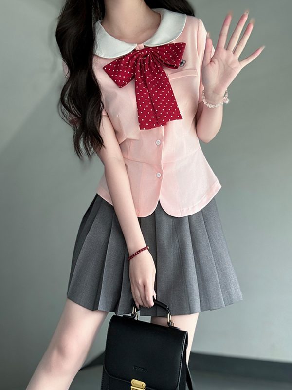 Sailor Suit Set for Women - Pudding Bear Original JK Uniform, Waist-Adjusting Shirt, Summer Short Sleeve, College Style, Cute Aesthetic