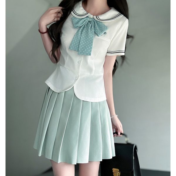 Sailor Suit Set for Women - Pudding Bear Original JK Uniform, Waist-Adjusting Shirt, Summer Short Sleeve, College Style, Cute Aesthetic