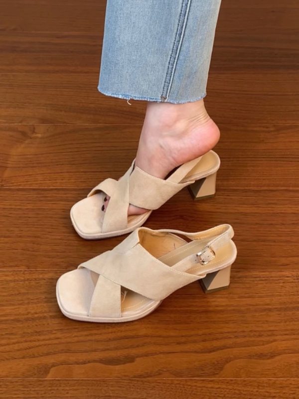 Sanded Sheepskin Cross-Strap Chunky Heel Open-Toe Sandals for Women - Summer 2025 Black Roman High Heels Fashion Footwear