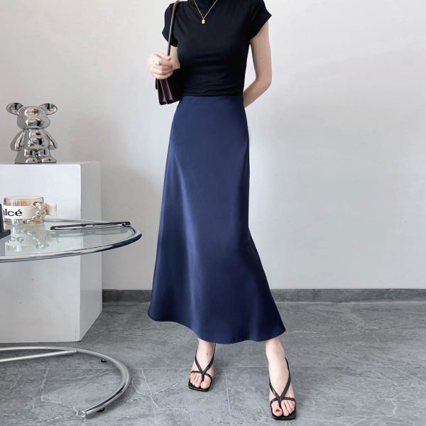 Satin Half Skirt with Diagonal Cut, Flared Design, High Waist, Silky Elastic Waist, Versatile Glossy Mid-Length Acetate Skirt