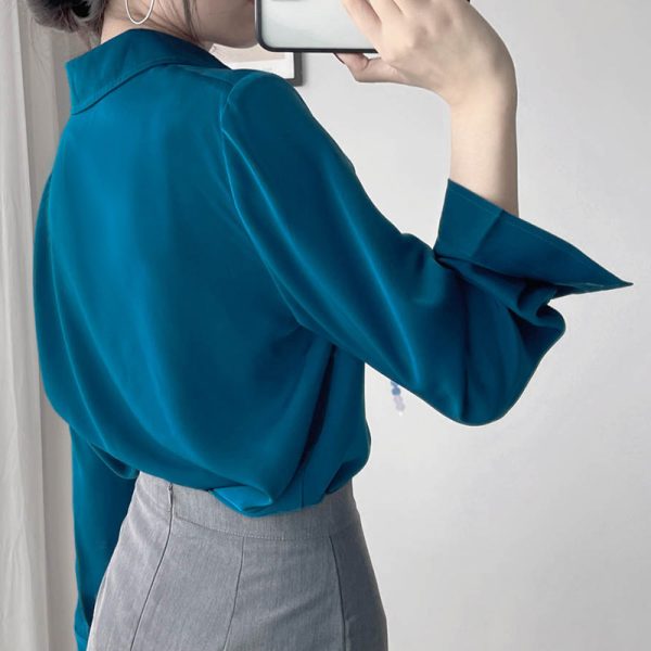 Satin Long Sleeve Shirt with Slimming Lapel, Solid Color, Glossy Finish for Commuting - Spring Fashion Top