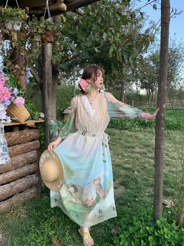 Sea Orange Sanctuary Tie-Dye Beaded Off-Shoulder Maxi Dress - Women's Bohemian Spring Style, Vintage-Inspired, Perfect for 90s Y2K Looks