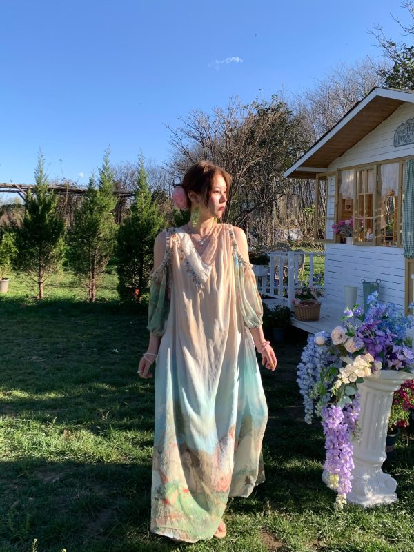 Sea Orange Sanctuary Tie-Dye Beaded Off-Shoulder Maxi Dress - Women's Bohemian Spring Style, Vintage-Inspired, Perfect for 90s Y2K Looks