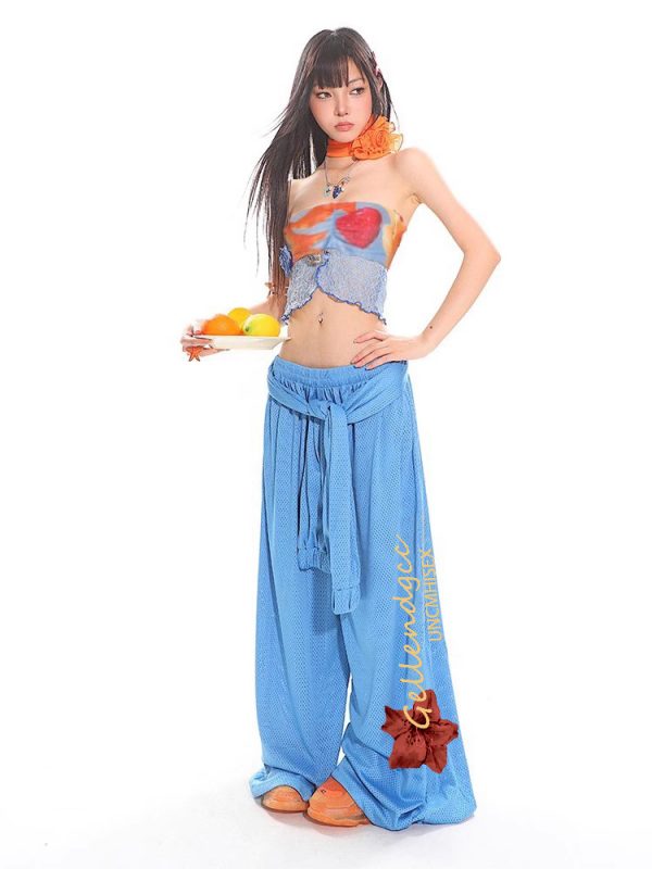 Sexy Lace Tank Top and Breathable Mesh Wide-Leg Pants Set for Summer, Y2K Style, Trendy Women's Outfit
