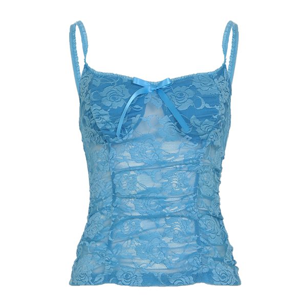 Sexy Lace Vest Top with Bow Tie and Rose Pattern - Women's Inner Chest Top in Blue - Y2K Fashion