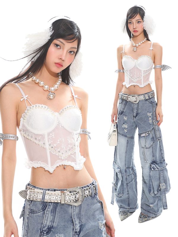 Sexy Slimming Lace Pearl Bow Tie Camisole - Hot Girl Fishbone Design, Trendy Niche Outer Wear, Perfect for Y2K and Night Out