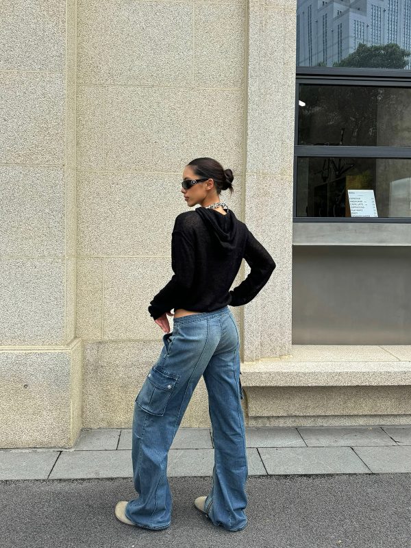 Sexy Ultra-Low Waist Vintage Street Cargo Denim Pants in Deep Blue - Heavy-Duty 90s Inspired Workwear Trousers