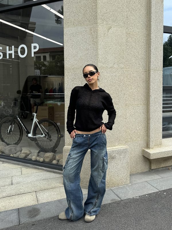 Sexy Ultra-Low Waist Vintage Street Cargo Denim Pants in Deep Blue - Heavy-Duty 90s Inspired Workwear Trousers