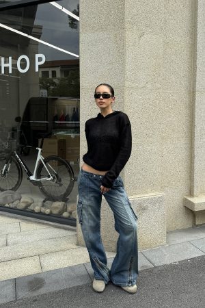 Sexy Ultra-Low Waist Vintage Street Cargo Denim Pants in Deep Blue - Heavy-Duty 90s Inspired Workwear Trousers