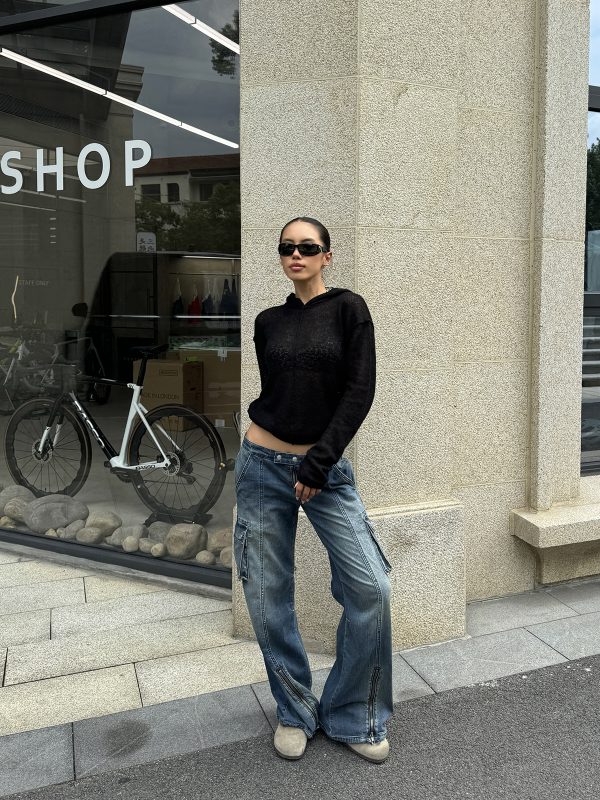 Sexy Ultra-Low Waist Vintage Street Cargo Denim Pants in Deep Blue - Heavy-Duty 90s Inspired Workwear Trousers