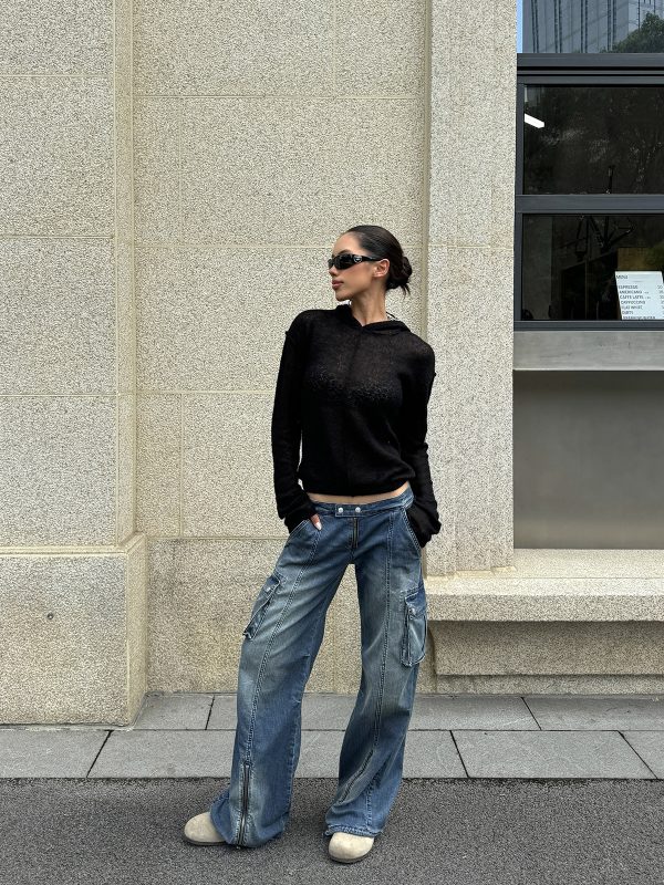 Sexy Ultra-Low Waist Vintage Street Cargo Denim Pants in Deep Blue - Heavy-Duty 90s Inspired Workwear Trousers
