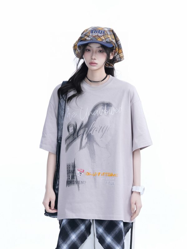 Shadow Girl Graphic Black Short Sleeve T-Shirt for Women - Summer Loose Fit American Design